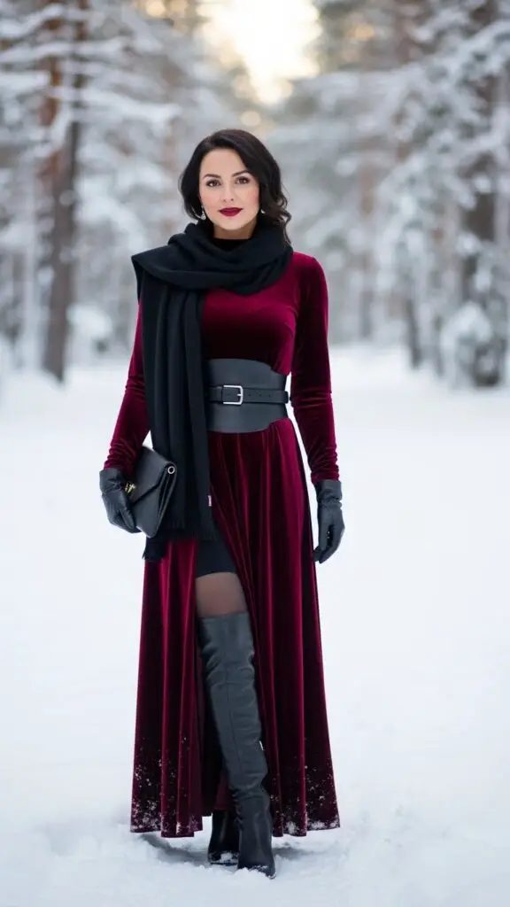 Burgundy Winter Dress + Black Accessories