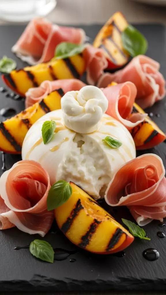 Burrata with Charred Peaches & Prosciutto