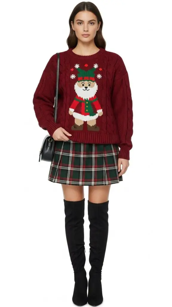 Cable Knit Christmas Sweater + Mini Skirt + Knee-High Boots