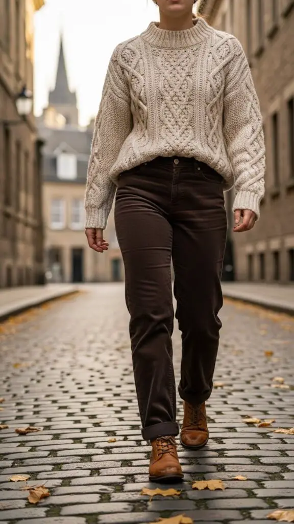 Cable Knit Sweater + Corduroy Pants + Ankle Boots