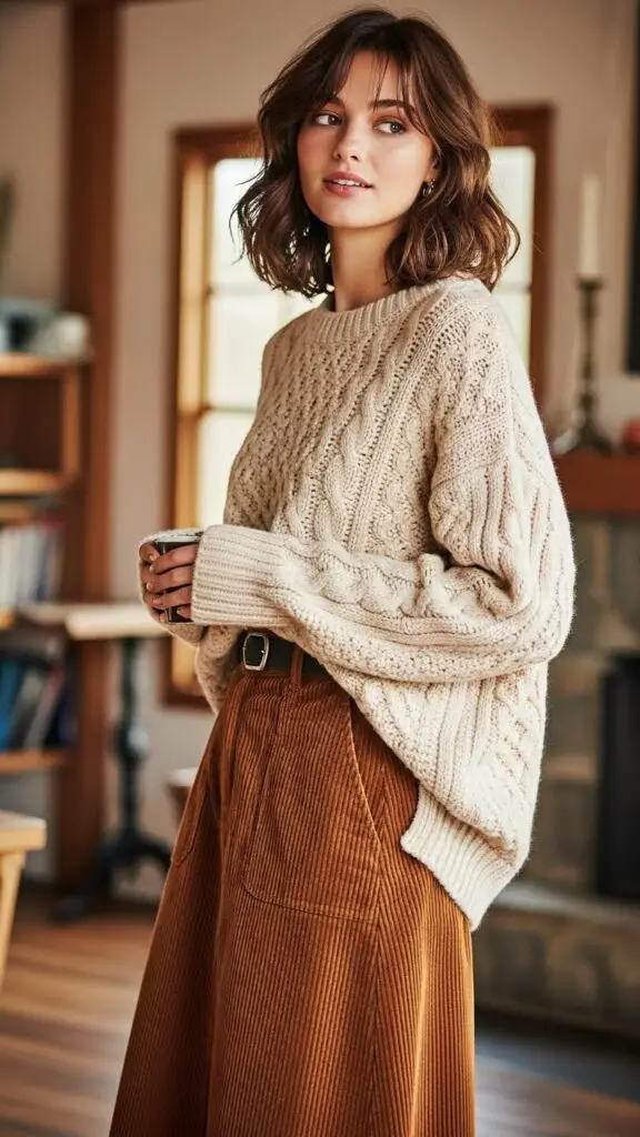 Cable Knit Sweater + Corduroy Skirt