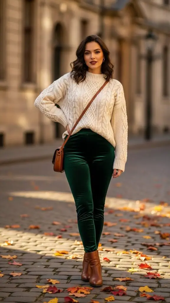 Cable-Knit Sweater + Velvet Leggings