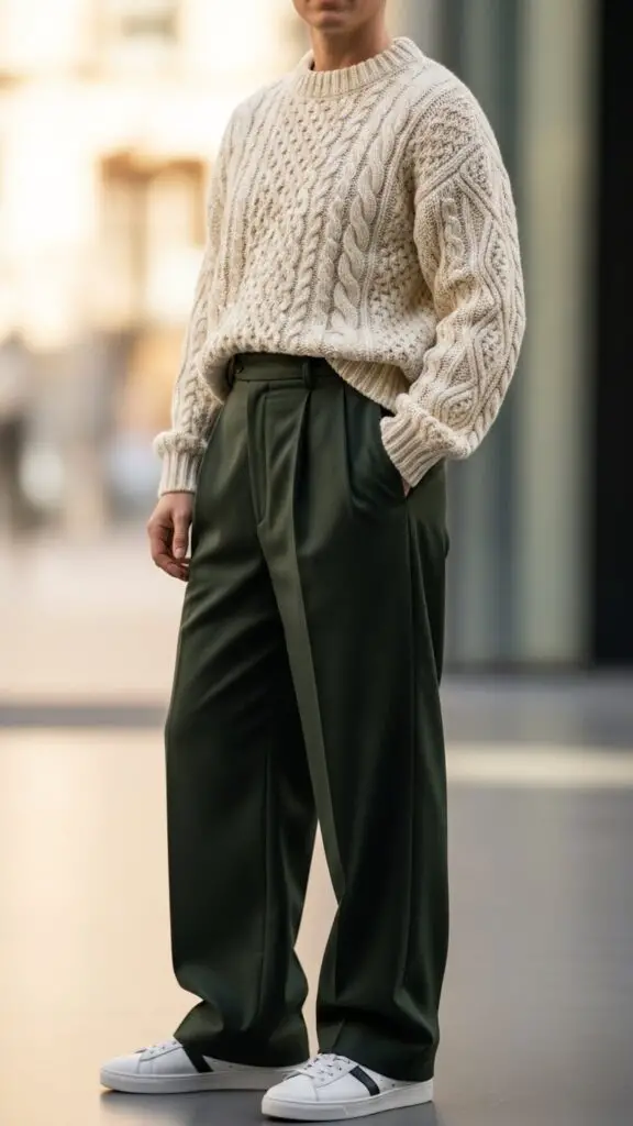Cable Knit Sweater + Wide-Leg Pants + Sneakers
