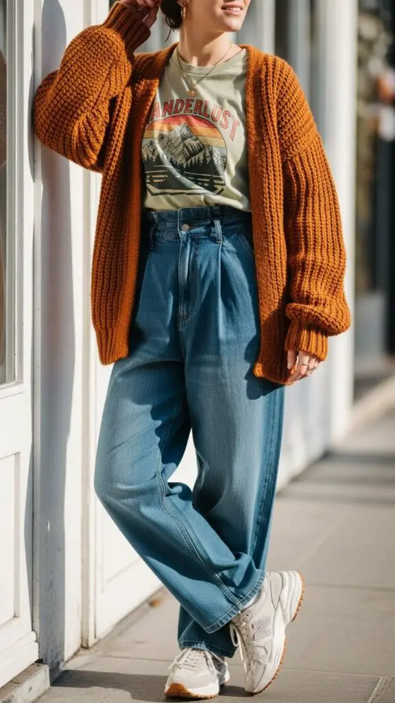 Cardigan + Graphic Tee + Wide-Leg Pants