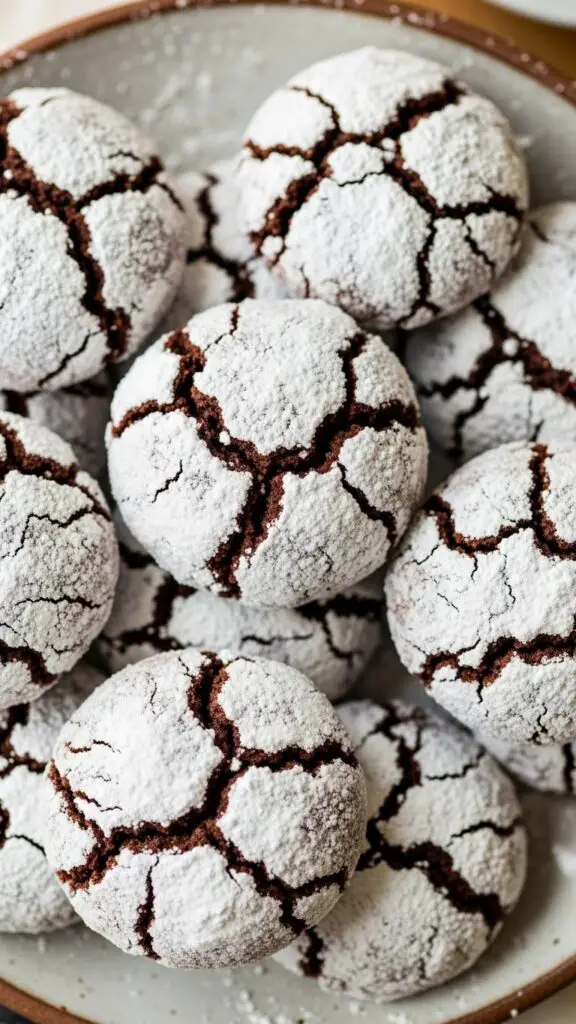 Chocolate Crinkle Cookies with Powdered Sugar Snow