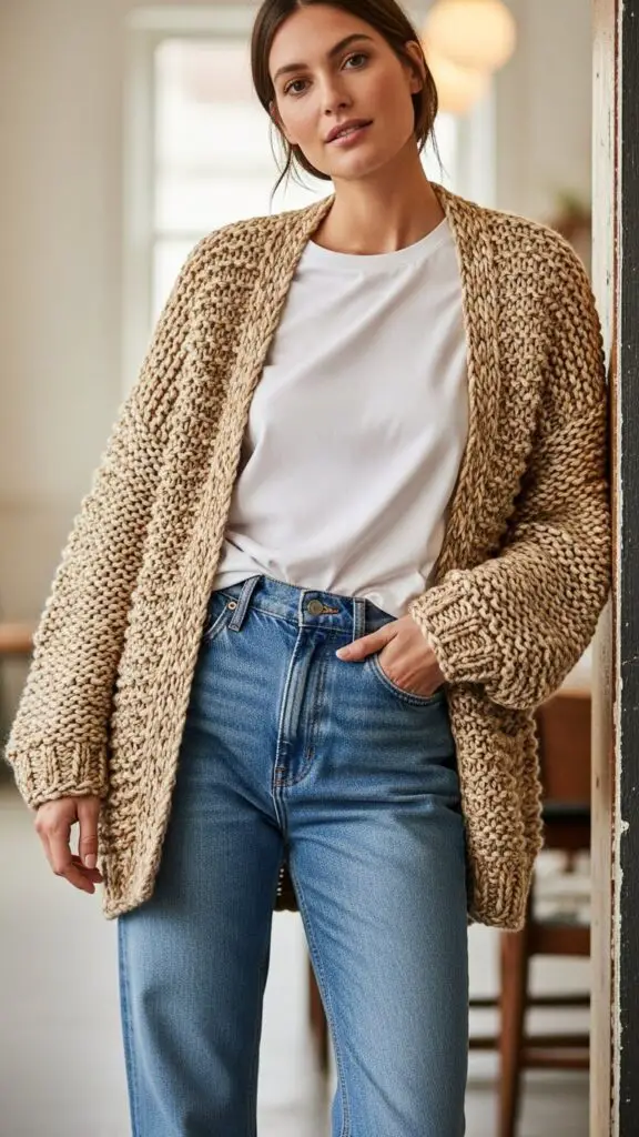 Chunky Cardigan + White Tee + Mom Jeans