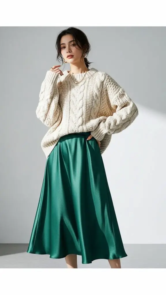 Chunky Cream Sweater + Satin Midi Skirt