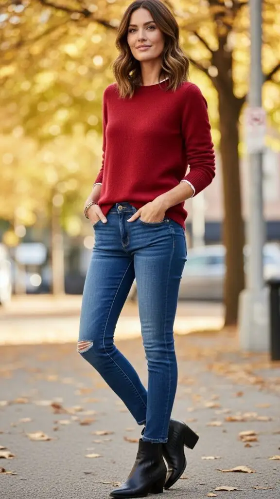 Classic Red Sweater + Skinny Jeans + Ankle Boots