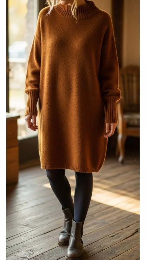 Cozy Knit Dress + Tights + Flat Boots