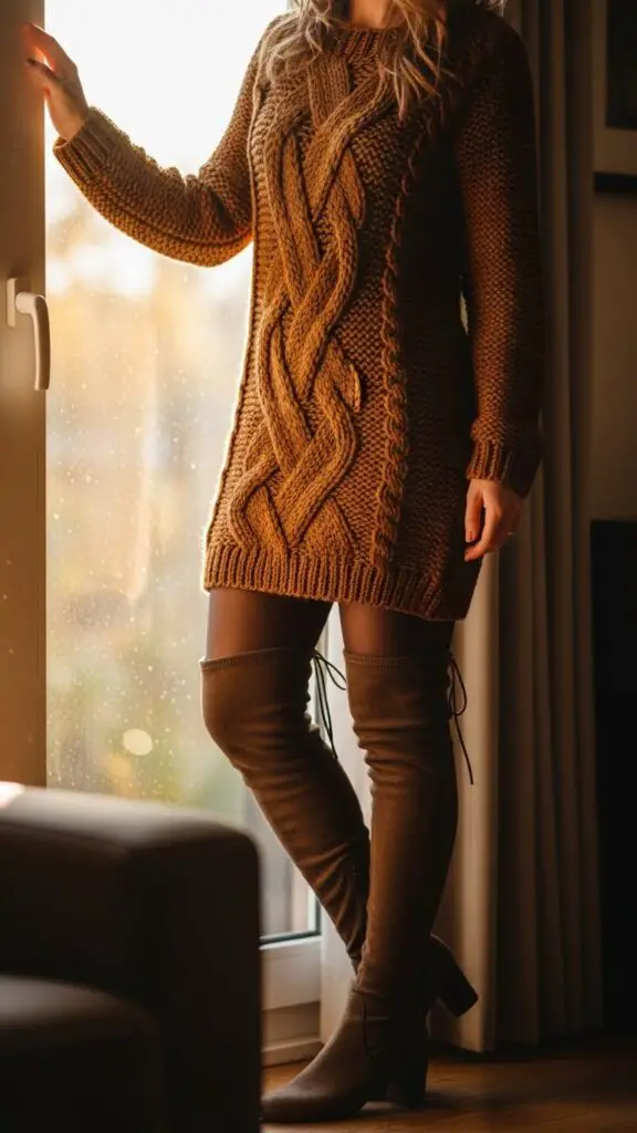 Cozy Knit Dress + Tights + Over-the-Knee Boots
