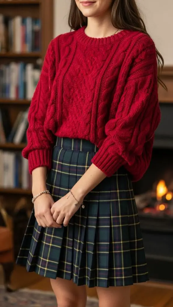 Cozy Red Sweater + Plaid Skirt