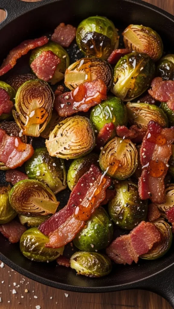 Crispy Brussels Sprouts with Bacon & Maple Drizzle