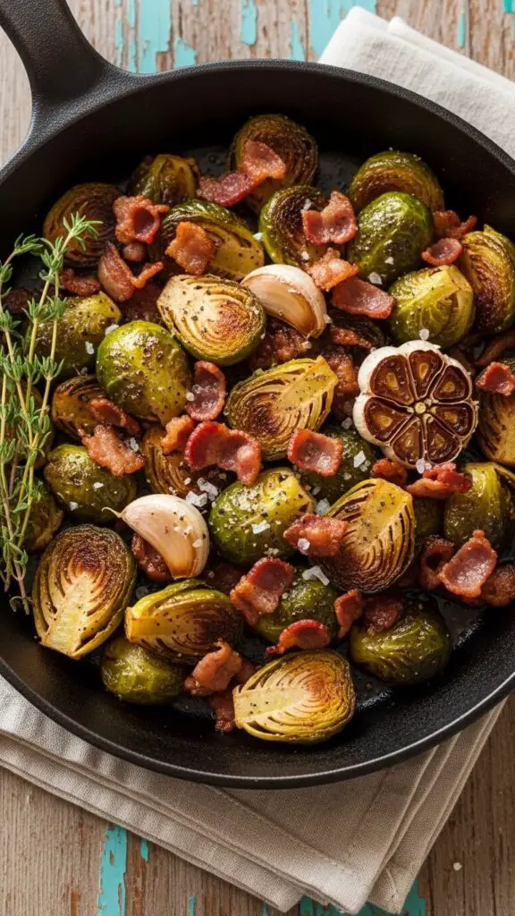 Crispy Roasted Brussels Sprouts with Bacon Bits