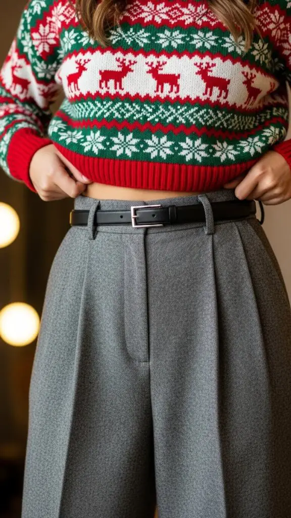 Cropped Christmas Sweater + High-Waisted Trousers + Belt