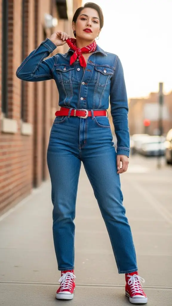 Denim on Denim with Red Accents