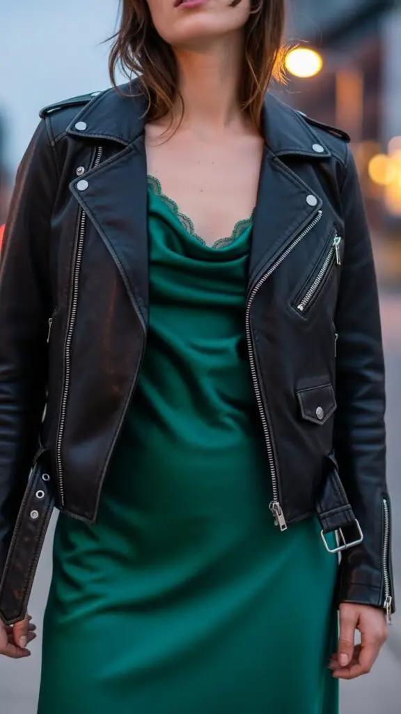 Emerald Green Slip Dress with Leather Jacket