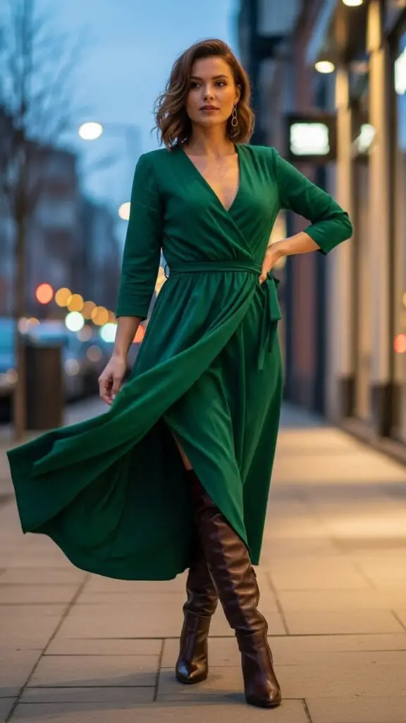 Emerald Green Wrap Dress + Boots