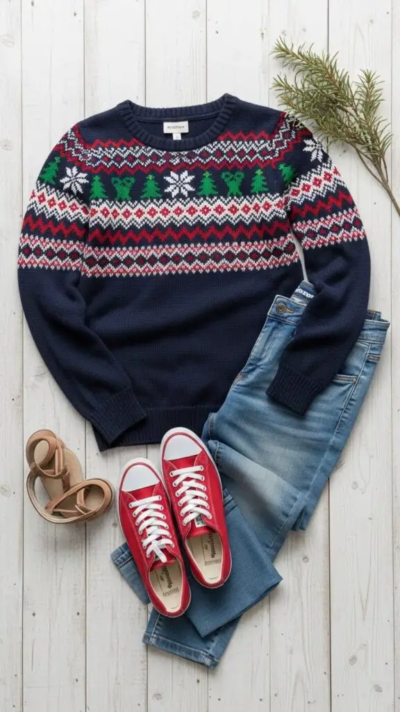 Fair Isle Christmas Sweater + Denim Jeans + Sneakers