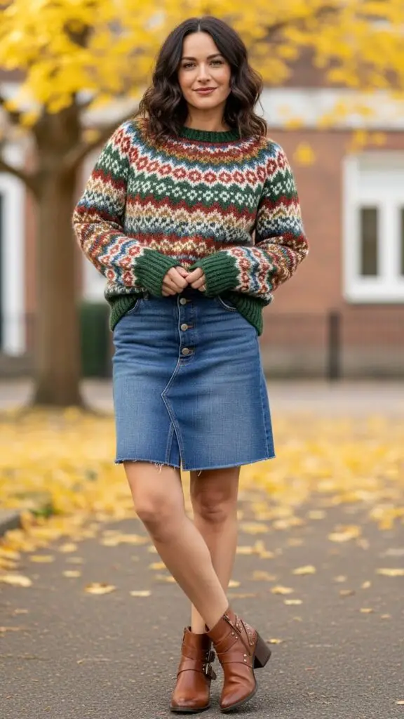 Fair Isle Knit Sweater + Denim Skirt + Ankle Boots