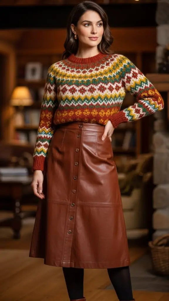 Fair Isle Knit and Leather Skirt
