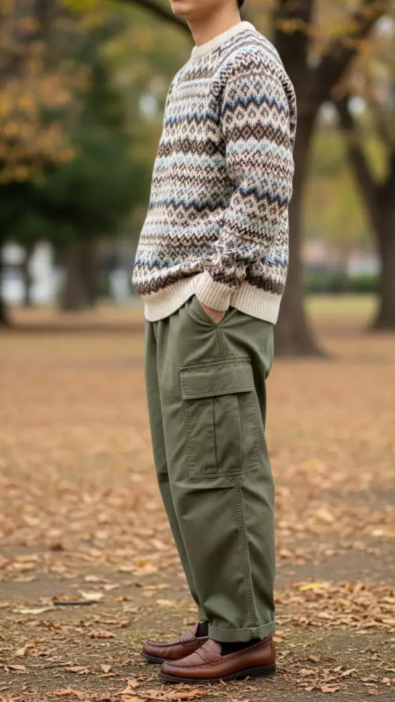 Fair Isle Sweater + Cargo Pants + Loafers