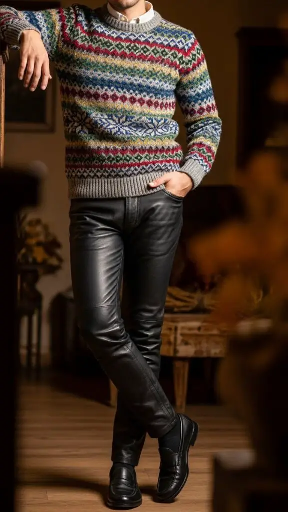 Fair Isle Sweater + Leather Pants + Loafers