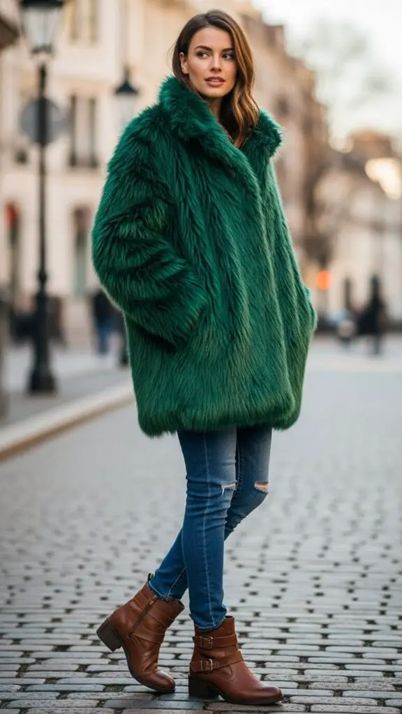 Faux Fur Coat + Jeans + Boots