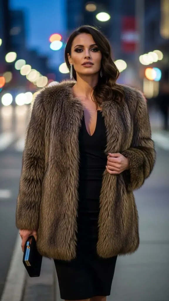 Faux Fur Coat + Little Black Dress