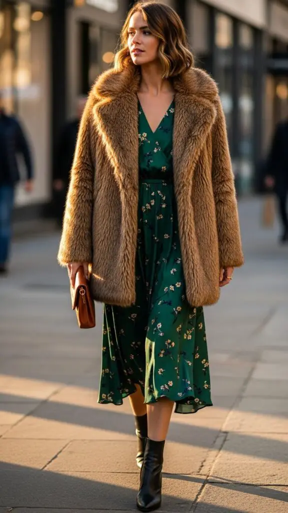 Faux Fur Coat + Midi Dress