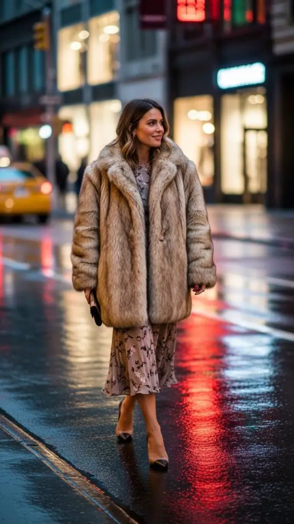 Faux Fur Coat + Midi Dress + Heels