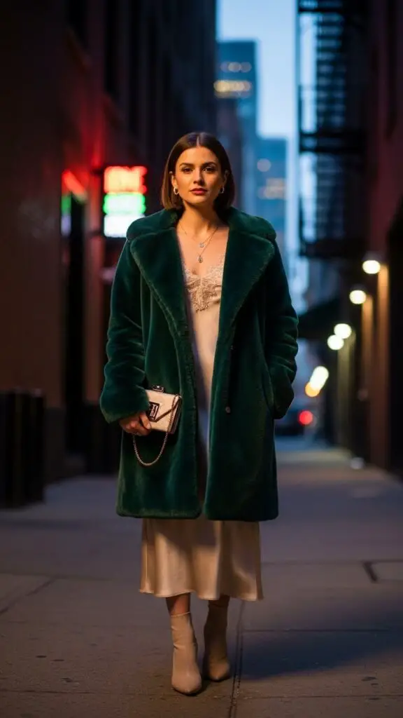 Faux Fur Coat + Slip Dress