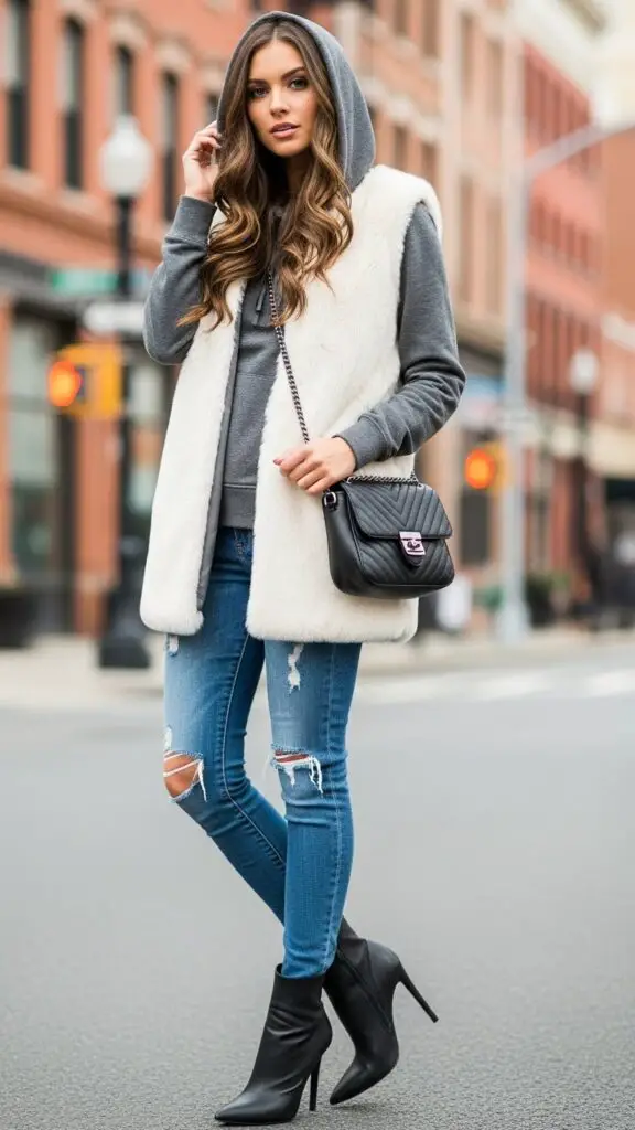 Faux Fur Vest + Hoodie + Jeans + Heels