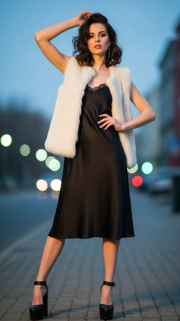 Faux Fur Vest + Slip Dress + Ch unky Heels