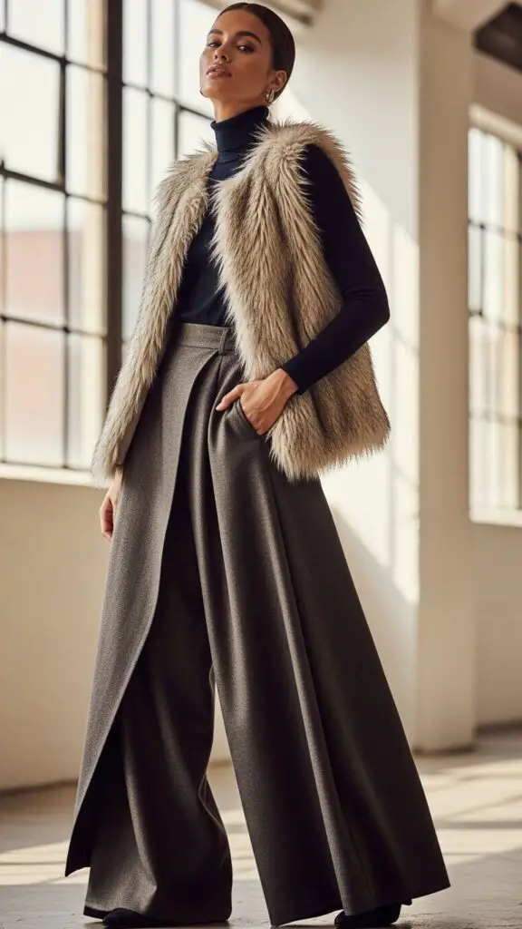 Faux Fur Vest + Turtleneck + Wide-Leg Pants