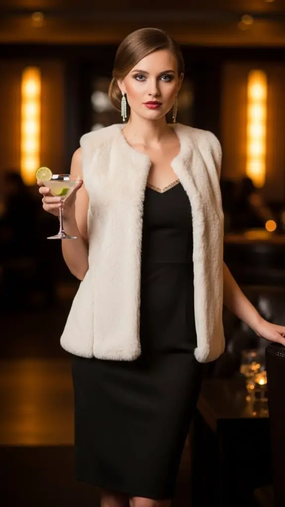 Faux Fur Vest over Cocktail Dress