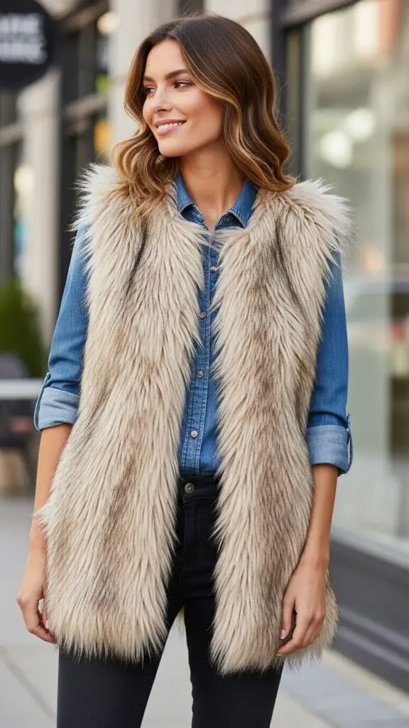 Faux Fur Vest over Denim Shirt