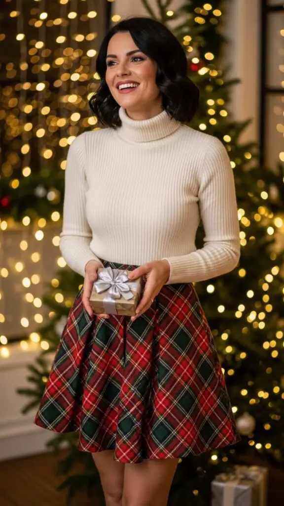 Festive Plaid Skirt + Turtleneck