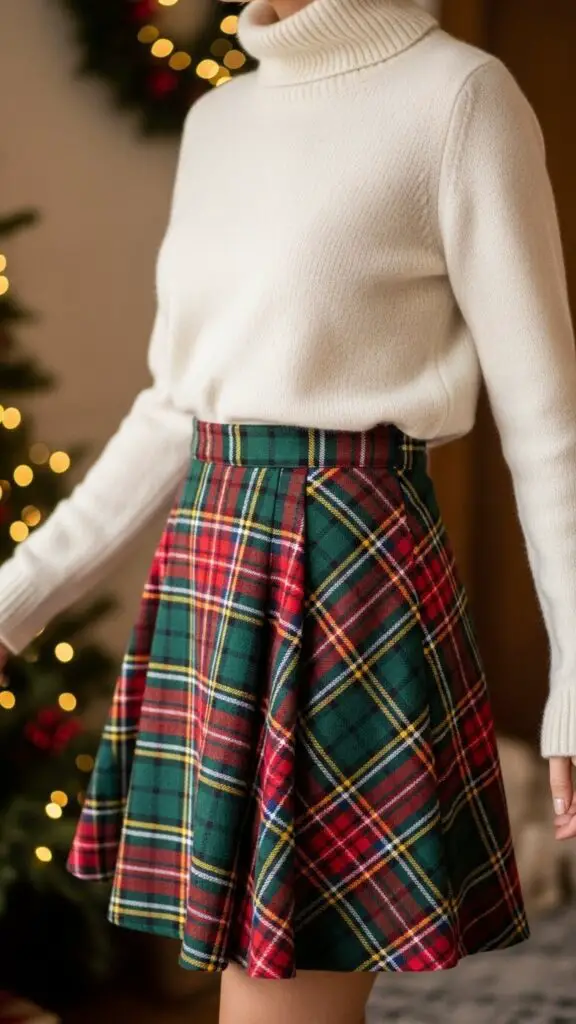Festive Plaid Skirt with Turtleneck
