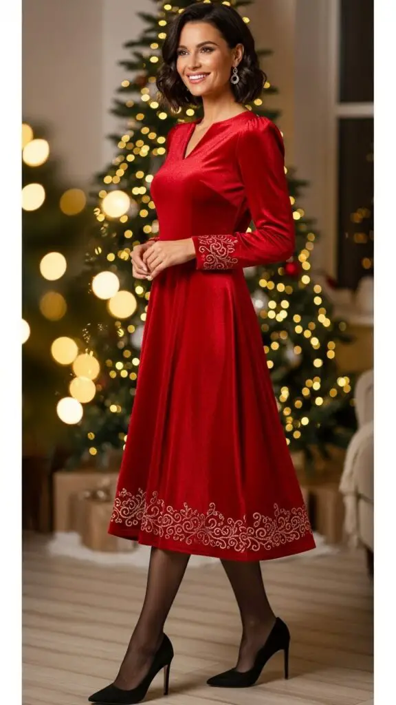 Festive Red Midi Dress + Tights + Heels