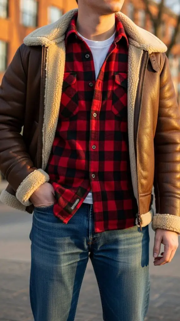 Flannel Shirt + Jeans + Shearling Jacket