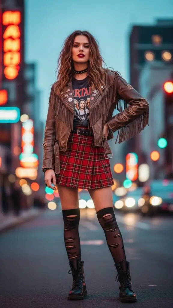 Fringe Jacket + Red Plaid Skirt