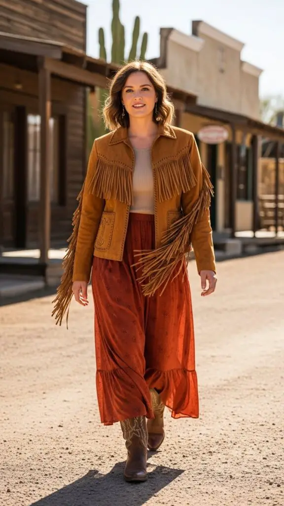 Fringe Suede Jacket + Maxi Skirt + Western Boots