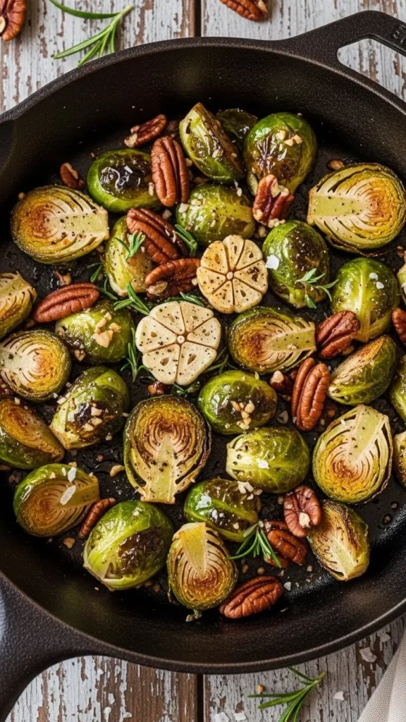 Garlic-Roasted Brussels Sprouts with Pecans