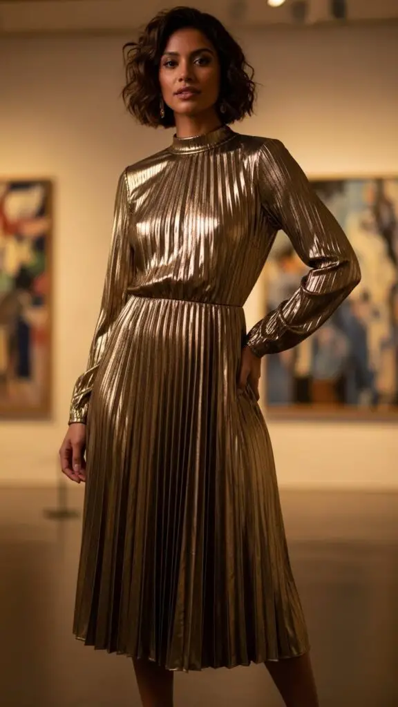 Gold Metallic Pleated Dress