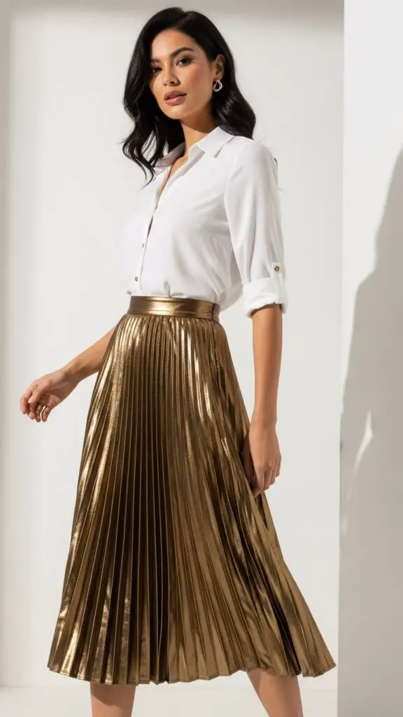 Gold Metallic Skirt and White Blouse
