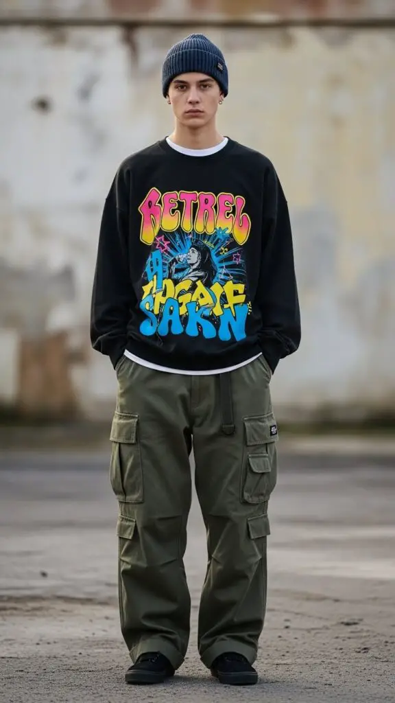 Graphic Sweatshirt + Cargo Pants + Beanie