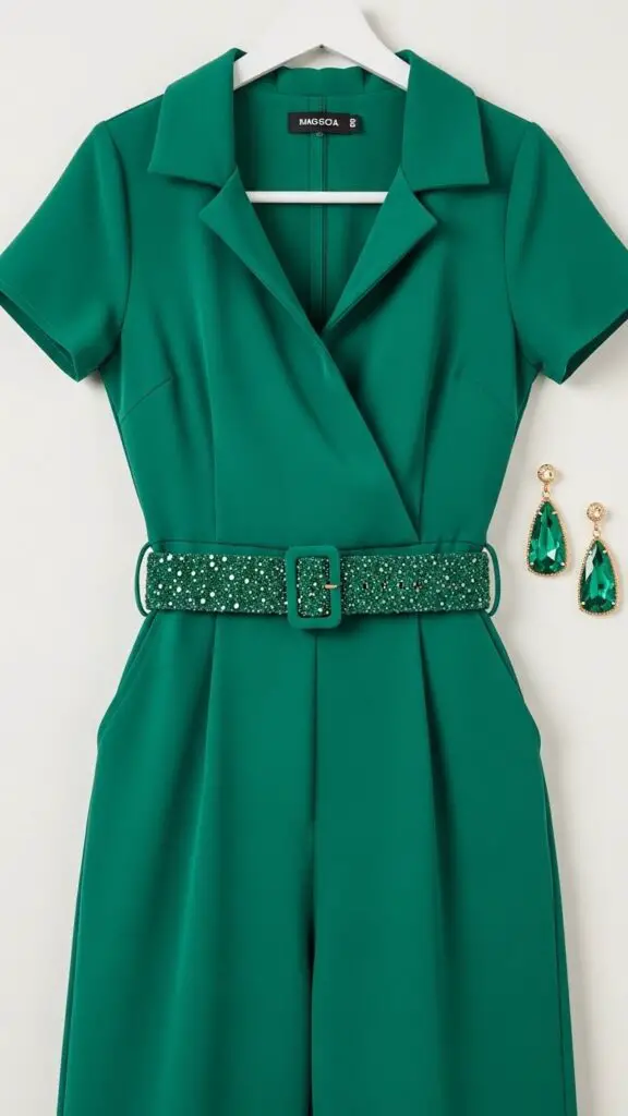 Green Emerald Jumpsuit + Belt + Earrings