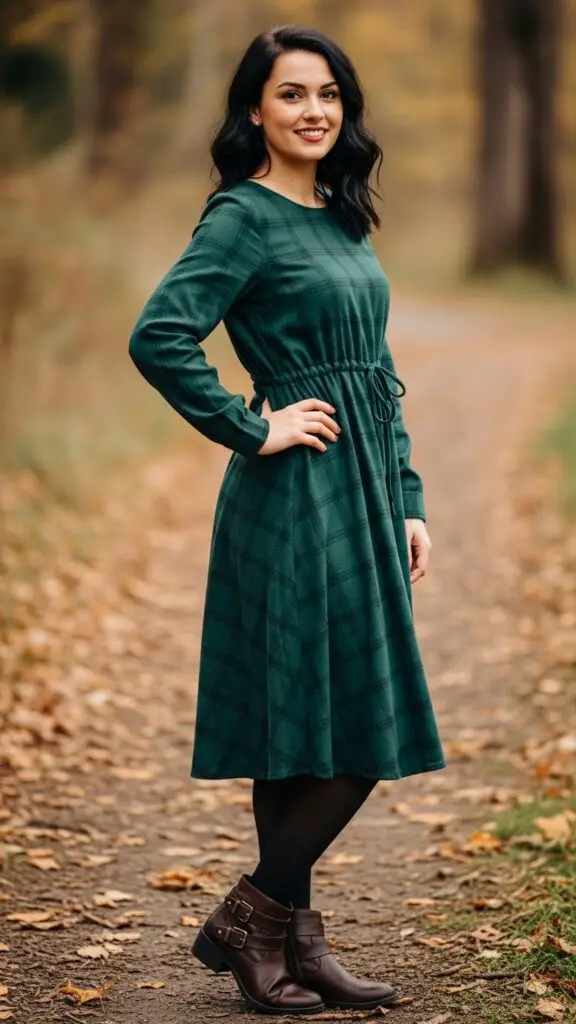 Green Flannel Dress + Tights + Ankle Boots