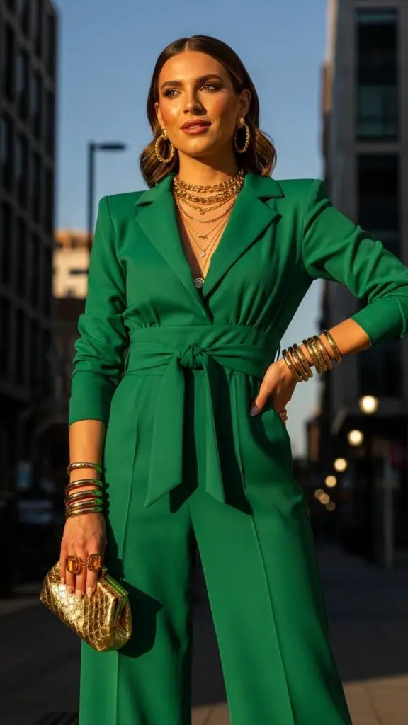Green Jumpsuit + Gold Accessories