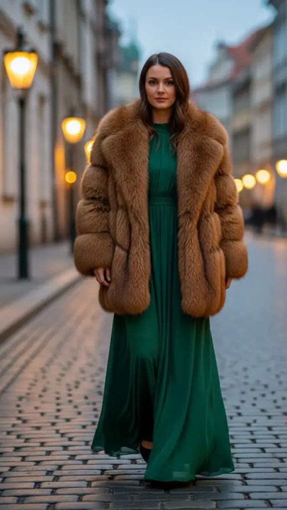 Green Maxi Dress + Fur Coat
